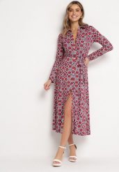 Czerwono-Biała Taliowana Sukienka Maxi z Materiałowym Paskiem w Geometryczny Print Filint. Niebieskie sukienki Born2be, l, bez wzorów, z materiału, bez kołnierzyka, bez ramiączek, maxi. W wyprzedaży za 169.99 zł.