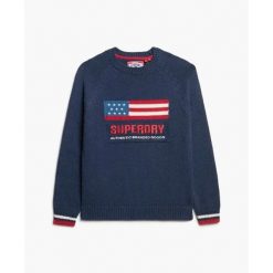 Damski sweter z okrągłym dekoltem Superdry Americana. Niebieskie swetry Superdry, na zimę, bez wzorów, eleganckie, bez ramiączek. Za 349.55 zł.