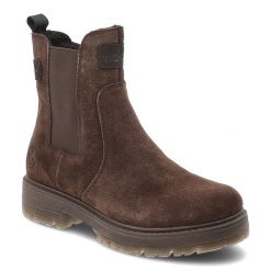 Botki damskie Rieker zapinane na suwak z elastycznymi wstawkami ocieplanym wnętrzem i masywną podeszwą brązowe, 75860-25 Brown. Brązowe botki Rieker, bez wzorów, z jeansu, eleganckie, bez obcasa, bez zapięcia. Za 429.00 zł.