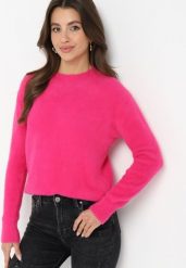 Fuksjowy Puchaty Sweter Wełniany Helmintts. Czerwone swetry Born2be, bez wzorów, z tkaniny, bez ramiączek. Za 29.99 zł.