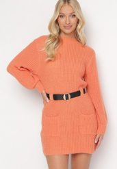 Pomarańczowa Dzianinowa Sukienka Mini w Prążki z Paskiem Milane. Brązowe sukienki Born2be, bez wzorów, z dzianiny, bez kołnierzyka, bez ramiączek, mini. W wyprzedaży za 84.99 zł.