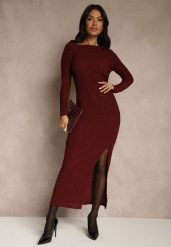 Bordowa Sukienka o Dopasowanym Kroju Ozdobiona Metaliczną Aplikacją Reittia. Czerwone sukienki Renee, na imprezę, z aplikacjami, bez kołnierzyka, bez ramiączek, maxi, dopasowane. Za 139.99 zł.