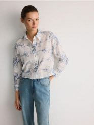 Koszula z nadrukiem - ciemnozielony. Zielone koszule Reserved, l, bez wzorów, z bawełny, bez kołnierzyka, bez ramiączek. W wyprzedaży za 39.99 zł.