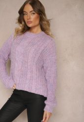 Fioletowy Sweter z Wełną Ozdobiony Tłoczeniem Ecrisevia. Fioletowe swetry Renee, bez wzorów, z jeansu, casualowe, bez ramiączek. W wyprzedaży za 63.99 zł.