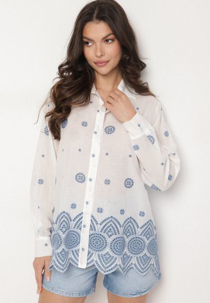 Biała Bawełniana Koszula Zdobiona Haftem Izana. Białe koszule Born2be, l, z aplikacjami, z bawełny, biznesowe, bez kołnierzyka, bez ramiączek. Za 129.99 zł.