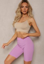 Fioletowe Sportowe Szorty Kolarki Prążkowane High Waist Steiama. Fioletowe szorty sportowe Renee, bez wzorów, z materiału, z podwyższonym stanem, do biegania. W wyprzedaży za 23.99 zł.