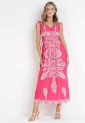 Fuksjowa Sukienka w Stylu Boho z Gumką w Talii i Sznurkami przy Ramionach Niree. Czerwone sukienki Born2be, na imprezę, l, bez wzorów, boho, bez kołnierzyka, bez ramiączek, maxi. Za 99.99 zł.