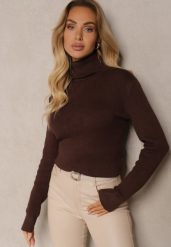 Brązowy Klasyczny Golf z Domieszką Wełny Zoziona. Brązowe swetry Renee, bez wzorów, z jeansu, biznesowe, bez ramiączek. Za 79.99 zł.