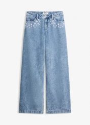 Jeansy wide leg, mid waist, z bawełny. Niebieskie jeansy bonprix, z aplikacjami, z bawełny. Za 142.99 zł.
