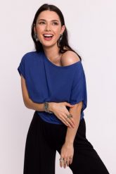 Niebieska Nietoperzowa Bluzka z Wizkozy. Niebieskie bluzki MOE, l, bez wzorów, z elastanu, wizytowe, bez kołnierzyka, bez ramiączek. Za 179.90 zł.