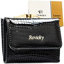 Mały, czarny portfel damski ze skóry naturalnej z systemem RFID - Rovicky. Czarne portfele ROVICKY, bez wzorów, z lakierowanej skóry. Za 99.00 zł.