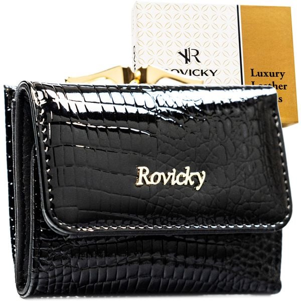 Mały, czarny portfel damski ze skóry naturalnej z systemem RFID - Rovicky. Czarne portfele ROVICKY, bez wzorów, z lakierowanej skóry. Za 94.99 zł.