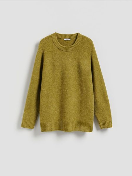 Gładki sweter - oliwkowy. Zielone swetry Reserved, l, bez wzorów, z dzianiny, bez ramiączek. Za 139.99 zł.