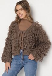 Jasnobrązowy Wiązany Kardigan z Dodatkiem Wełny i Wiskozy Zdobiony Frędzlami Tiravea. Brązowe swetry Born2be, z aplikacjami, z jeansu, eleganckie, bez ramiączek. Za 129.99 zł.