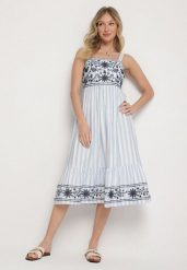 Niebieska Sukienka z Bawełny Ozdobiona Haftem Redale. Niebieskie sukienki Born2be, na co dzień, l, bez wzorów, z bawełny, eleganckie, bez kołnierzyka, bez ramiączek, midi, proste. Za 139.99 zł.