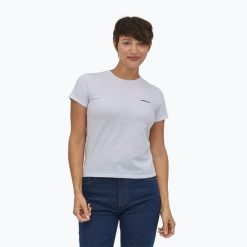 Koszulka trekkingowa damska Patagonia P-6 Logo Responsibili-Tee. Białe t-shirty sportowe Patagonia, bez wzorów, bez ramiączek. Za 159.99 zł.