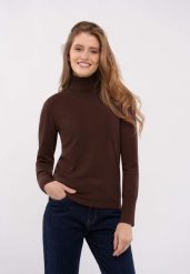 Gładki golf S-JULI. Brązowe swetry Volcano, plus size, bez wzorów, z dzianiny, eleganckie, plus size, bez ramiączek. Za 129.99 zł.