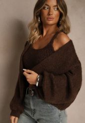 Brązowy Niezapinany Kardigan z Wełną i Wiskozą z Dołączonym Topem Belvane. Brązowe swetry Renee, s, bez wzorów, z dzianiny, bez ramiączek. Za 169.99 zł.