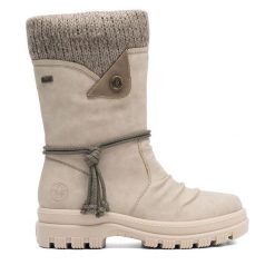 Kozaki Rieker. Brązowe kozaki Rieker, bez wzorów, bez obcasa, na płaskiej podeszwie, bez zapięcia. Za 363.99 zł.