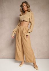 Ciemnobeżowe Spodnie Typu Palazzo High Waist o Szerokim Kroju Arathira. Brązowe jeansy Renee, bez wzorów, z jeansu, eleganckie, z podwyższonym stanem. W wyprzedaży za 29.99 zł.