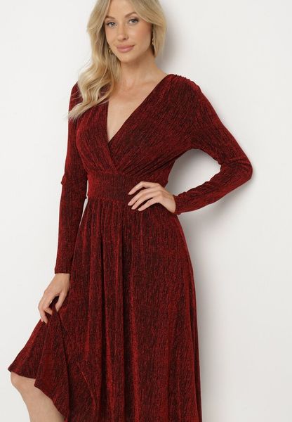 Bordowa Taliowana Sukienka z Wiskozą o Rozkloszowanym Kroju Zdobiona Metaliczną Nicią Mesinae. Czerwone sukienki Born2be, do pracy, l, z aplikacjami, z wiskozy, biznesowe, bez kołnierzyka, bez ramiączek, midi, rozkloszowane. Za 119.99 zł.