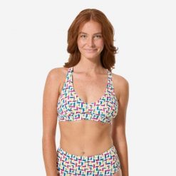 Góra kostiumu kąpielowego surfingowego damska Decathlon Agatha. Brązowe bikini Decathlon, bez wzorów, z elastanu, sportowe. Za 89.99 zł.