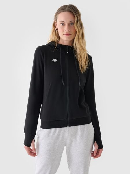 4F Bluza dresowa rozpinana z kapturem damska - czarna XL. Czarne bluzy 4f, xl, bez wzorów, z bawełny, z kapturem. W wyprzedaży za 99.99 zł.
