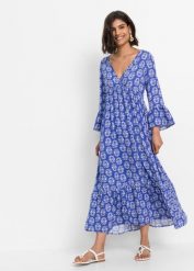 Sukienka kaftanowa. Niebieskie sukienki bonprix, bez wzorów, bez kołnierzyka, bez ramiączek. Za 189.99 zł.