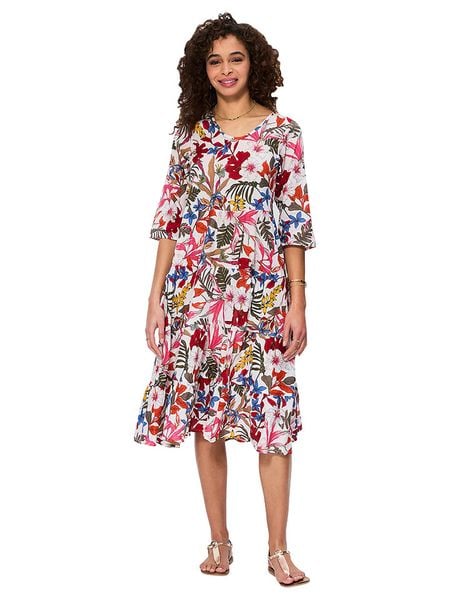 Aller Simplement Sukienka w kolorze białym ze wzorem rozmiar: 34/36. Białe sukienki Aller Simplement, bez wzorów, z bawełny, klasyczne, bez kołnierzyka, bez ramiączek, midi. Za 78.66 zł.