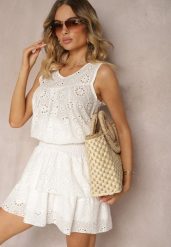 Biała Ażurowa Bluzka Top z Bawełny Bez Rękawów Aalnea. Białe topy Renee, l, w ażurowe wzory, z bawełny, eleganckie, bez kołnierzyka, bez ramiączek. W wyprzedaży za 39.99 zł.