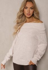 Beżowy Sweter z Wiskozą i Wełną Ozdobiony Wywiniętym Dekoltem Ravarienne. Brązowe swetry Renee, na zimę, m, bez wzorów, z wełny, casualowe, bez ramiączek. W wyprzedaży za 79.99 zł.