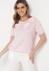 Różowa Wiskozowa Bluzka z Perełkami Cyrkoniami i Aplikacjami Kwiatków Tessia. Czerwone bluzki Born2be, z aplikacjami, z wiskozy, eleganckie, bez kołnierzyka, bez ramiączek. Za 159.99 zł.
