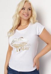 Biały T-shirt z Metalicznym Złotym Nadrukiem Slay Khaji. Białe t-shirty Born2be, xl, bez wzorów, bez kołnierzyka, bez ramiączek. Za 69.99 zł.