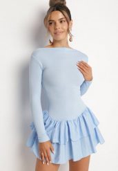Niebieska Rozkloszowana Sukienka z Długim Rękawem i Falbanką Reonaria. Niebieskie sukienki Born2be, na co dzień, bez wzorów, eleganckie, bez kołnierzyka, bez ramiączek, mini, rozkloszowane. W wyprzedaży za 84.99 zł.