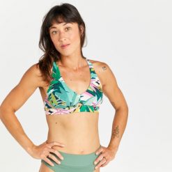 Góra kostiumu kąpielowego surfingowego damska Olaian Agatha Tropical. Zielone bikini OLAIAN, bez wzorów, z elastanu, sportowe. W wyprzedaży za 39.99 zł.