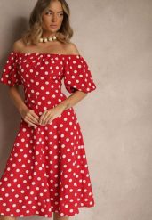 Czerwona Sukienka Hiszpanka Vices w Kropki o Rozkloszowanym Kroju Zilua. Czerwone sukienki Renee, na spotkanie biznesowe, l, bez wzorów, z materiału, retro, bez kołnierzyka, bez ramiączek, midi, rozkloszowane. Za 129.99 zł.