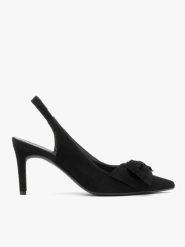 Welurowe czółenka typu slingback z kokardą. Czarne czółenka Brawo sp. z o.o., bez wzorów, z gumy, bez obcasa, na szpilce, bez zapięcia. Za 379.99 zł.