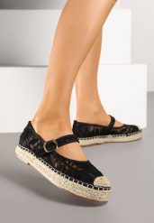 Czarne Espadryle na Plecionej Podeszwie z Paskiem i Koronkową Cholewką Tatonia. Czarne espadryle Renee, bez wzorów, z koronki, eleganckie, bez obcasa. W wyprzedaży za 75.99 zł.