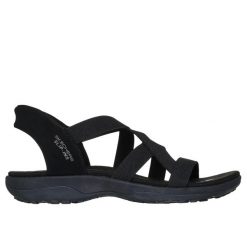 Sandały damskie Skechers Reggae Slim Stretch Flex. Czarne sandały Skechers, bez wzorów, z materiału, bez obcasa, bez zapięcia. Za 299.99 zł.