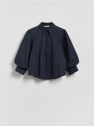 Koszula z bufiastymi rękawami - granatowy. Niebieskie koszule Reserved, l, bez wzorów, z bawełny, bez kołnierzyka, bez ramiączek. Za 139.99 zł.