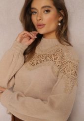 Beżowy Sweter Dzianinowy z Wstawką z Koronki Laroline. Brązowe swetry Renee, bez wzorów, z dzianiny, casualowe, bez ramiączek. W wyprzedaży za 143.99 zł.