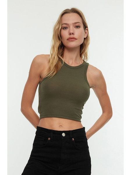 Trendyol Top w kolorze khaki rozmiar: S. Brązowe topy Trendyol, s, bez wzorów, bez kołnierzyka, bez ramiączek. Za 30.63 zł.