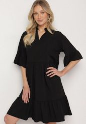 Czarna Sukienka Rozkloszowana z Wiskozą Ozdobiona Falbanami Eviriane. Czarne sukienki Born2be, na co dzień, bez wzorów, z wiskozy, bez kołnierzyka, bez ramiączek, midi, proste. Za 79.99 zł.