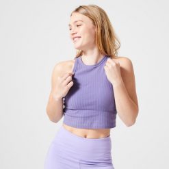 Koszulka bez rękawów damska Nyamba Gym & Pilates 520 crop top. Brązowe topy NYAMBA, s, bez wzorów, z bawełny, sportowe, bez kołnierzyka, bez ramiączek. W wyprzedaży za 29.99 zł.