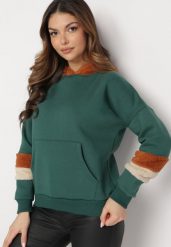 Zielona Bluza z Kapturem i Futrzanymi Wstawkami Pyroxis. Zielone bluzy z kapturem Born2be, bez wzorów, z futra. W wyprzedaży za 84.99 zł.