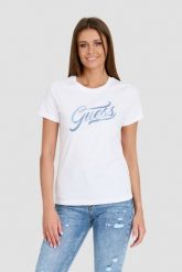 GUESS Biały T-shirt STONES&EMBRO TEE. Białe t-shirty Guess, s, z aplikacjami, bez kołnierzyka, bez ramiączek. W wyprzedaży za 202.99 zł.
