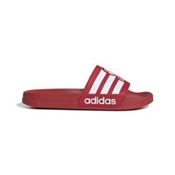 Klapki adilette Liverpool FC 2025/26. Czerwone klapki adidas, bez wzorów, eleganckie, bez obcasa, bez zapięcia. Za 107.99 zł.