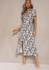 Czarno-Biała Sukienka z Wiskozą o Koszulowym Kroju z Geometrycznym Wzorem Saravione. Czarne sukienki Renee, l, bez wzorów, z wiskozy, eleganckie, bez kołnierzyka, bez ramiączek, koszulowe. W wyprzedaży za 143.99 zł.