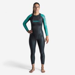 Kombinezon pływacki openwater damski Nabaiji OWS 500 z neoprenu 2/2 mm. Zielone kombinezony NABAIJI, xs, bez wzorów, z neoprenu, sportowe, bez kołnierzyka, bez ramiączek. Za 699.99 zł.