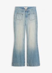 Dżinsy z rozszerzanymi nogawkami, mid waist. Niebieskie jeansy bonprix, bez wzorów, z bawełny, z podwyższonym stanem, długie. Za 169.99 zł.